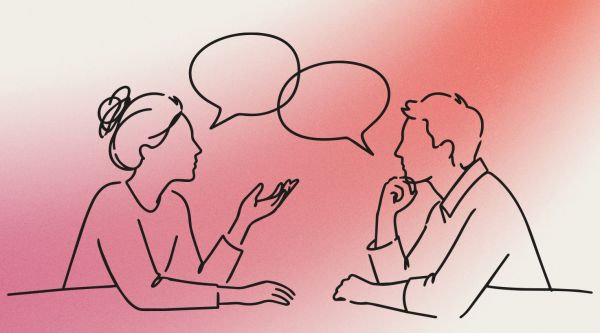 Ilustración de dos personas conversando, con globos de diálogo sobre una mesa