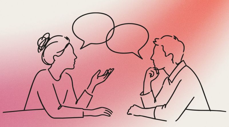 Ilustración de dos personas conversando, con globos de diálogo sobre una mesa